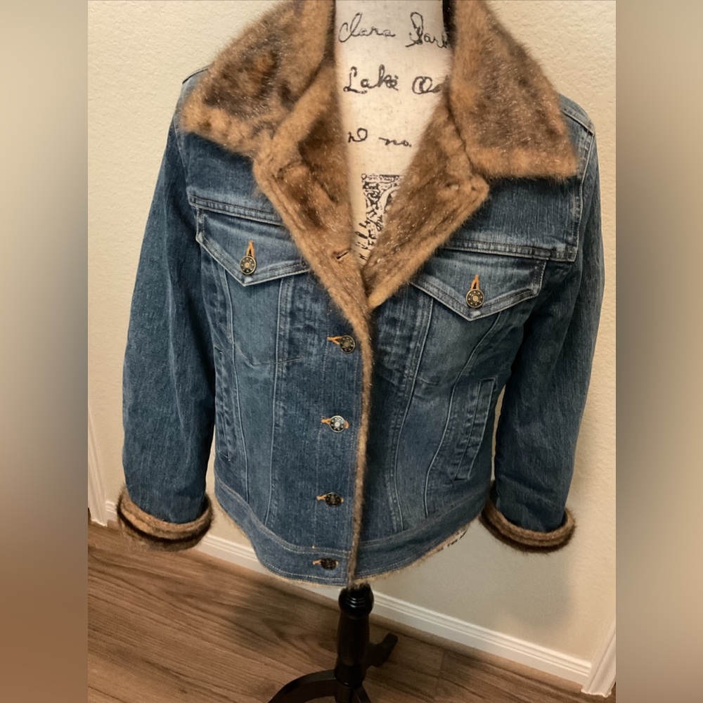 Marvin Richards Womens Blue Faux Fur Long Sleeve Casual Jean Jacket Size M EUC